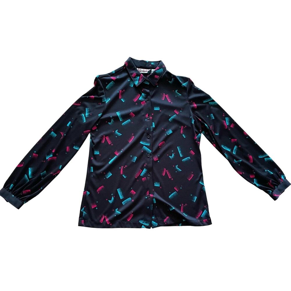 Vintage P.J.S. Button Blouse Abstract Black/Pink/Blue size L